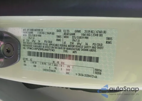 2024 Ford Escape St-Line Elite из США, поврежденный, VIN 1FMCU9PZ8RUA07743